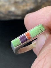 Southwestern Navajo Green Gaspeite Sugilite Red Coral Inlay Ring | Sz 7 | 02257