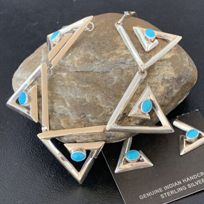 Navajo Squash Blossom Necklace & Earrings Set | Kingman Turquoise | Sterling Silver | Authentic Native American Handmade | 10926