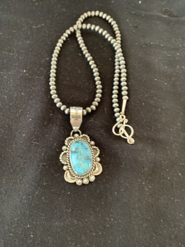 Navajo Sterling Silver Necklace with Spiderweb Kingman Turquoise Pendant | Authentic Native American Handmade | 00689