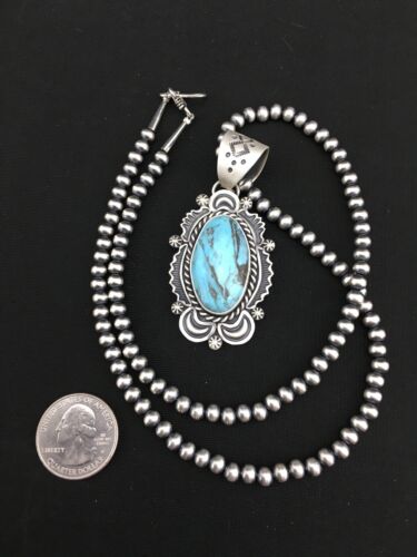 Navajo Blue Turquoise Pendant Necklace | Sterling Silver | 2.75" | Authentic Native American Handmade | 1302