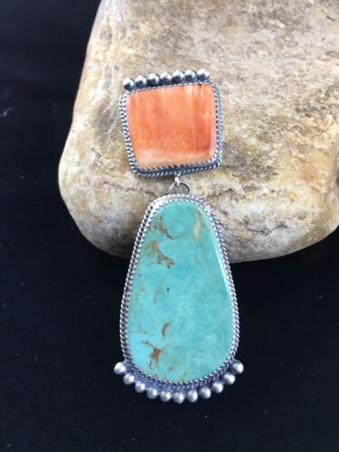 Navajo Blue Turquoise & Spiny Oyster Necklace Pendant | Sterling Silver | Native American Handmade | 10065