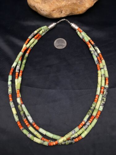 Navajo Green Serpentine & Spiny Oyster Necklace | 3 Strand | Sterling Silver | Authentic Native American Handmade | 4095
