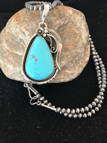 USA Kingman Turquoise Pendant Navajo Pearls Sterling Silver Necklace 8573