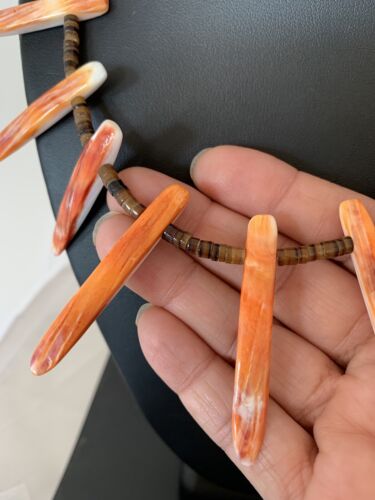 Navajo Orange Spiny Oyster Bone Stick Bead Necklace | Sterling Silver | 22" | Authentic Native American Handmade | 00680