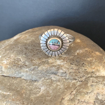 Navajo Blue Turquoise Pink Coral Inlay Ring | Sz 7 | Authentic Native American Handmade | 11169
