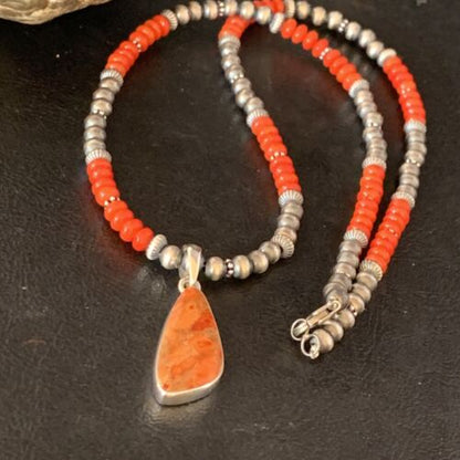 Navajo Red Apple Coral Necklace Pendant Naja | Sterling Silver | Authentic Native American Handmade | 13933