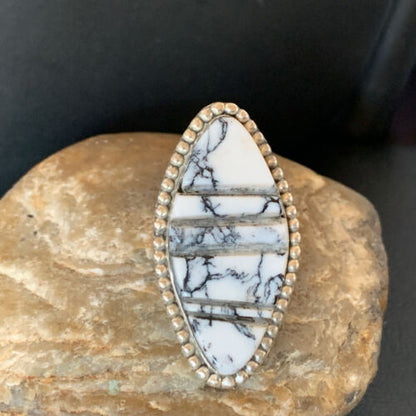 Navajo White Buffalo Turquoise Inlay Ring | Sterling Silver | Sz 9 | Authentic Native American Handmade | 12174