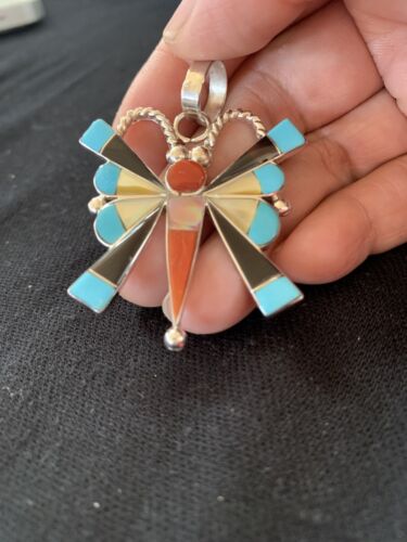 Zuni Turquoise Spiny Oyster Mother of Pearl Butterfly Necklace Pin Pendant | Inlay | Sterling Silver | 1367