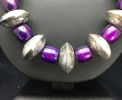 Navajo Sugilite Necklace | Sterling Silver Stamped Beads | 22" | Authentic Native American Handmade | 2702
