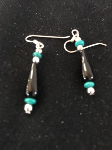 Navajo Black Onyx Turquoise Bead Dangle Earrings | Sterling Silver | Authentic Native American Handmade | 13455