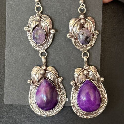 Navajo Purple Sugilite Dangle Earrings | Sterling Silver | 2" | Authentic Native American Handmade | 14461
