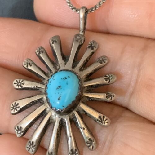 Navajo Kingman Blue Turquoise Pendant | Sterling Silver Heishi Necklace | Authentic Native American Handmade | 13829