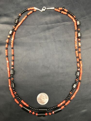 Southwestern Red Coral & Onyx 2-Strand Necklace | Navajo Sterling Silver | Authentic Native American Handmade | 4523