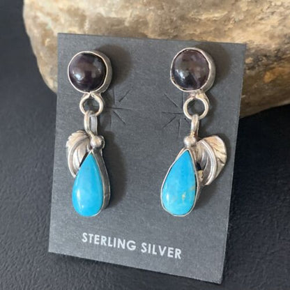 Navajo Purple Sugilite and Blue Turquoise Dangle Leaf Earrings | Sterling Silver | Native American Handmade | 13451