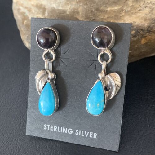 Navajo Sterling Silver Dangle Earrings | Purple Sugilite & Blue Turquoise | Leaf Design | 13446