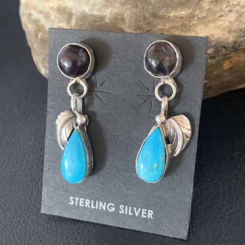 Navajo Purple Sugilite Blue Turquoise Dangle Leaf Earrings | Sterling Silver | Authentic Native American Handmade | 13452