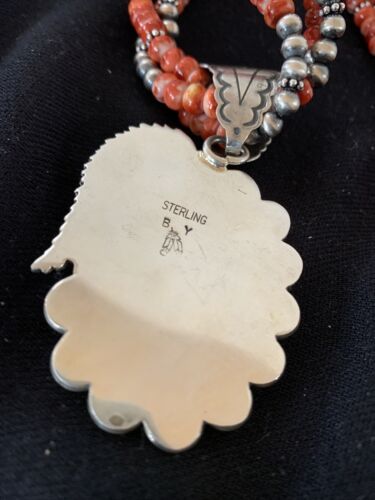 Navajo Red Spiny Oyster Pendant Necklace | 3 Strand Sterling Silver | Native American Handmade | 1327