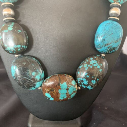 Chunky Navajo Pearl Graduated Turquoise Necklace | Sterling Silver | Authentic Native American Jewelry | 21" | 11903 - Masha USA