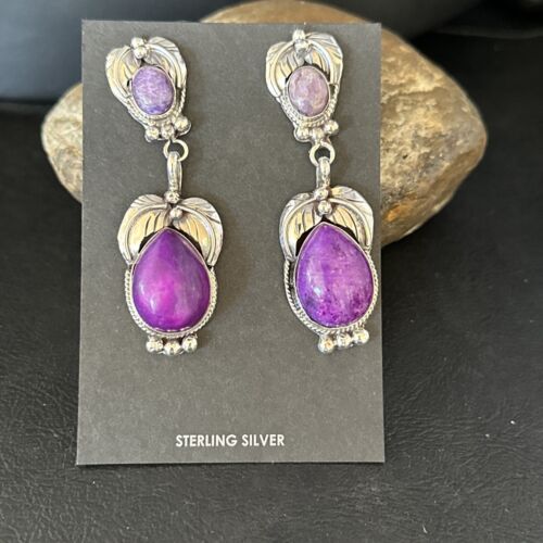 Navajo Purple Sugilite Dangle Earrings | Sterling Silver | 2" | Authentic Native American Handmade | 14404