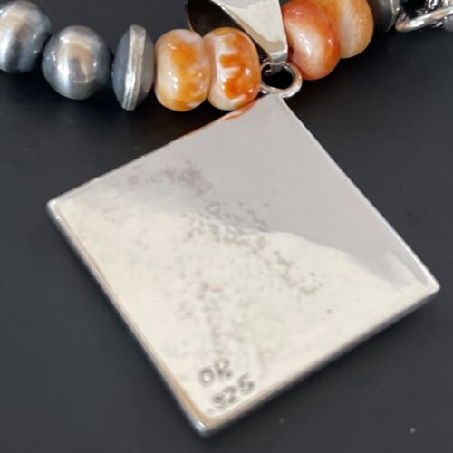 Navajo Pearls Sterling Silver Necklace | Orange Spiny Oyster Opal Inlay Pendant | 11320