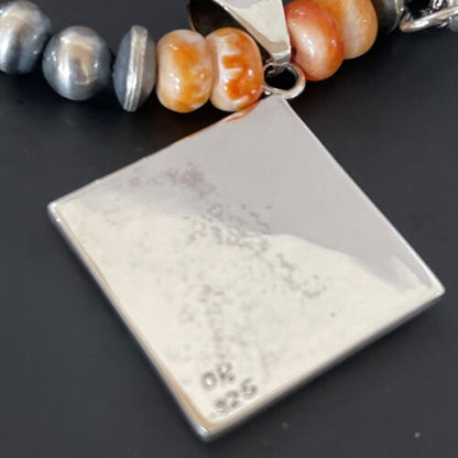 Navajo Pearls Sterling Silver Necklace | Orange Spiny Oyster Opal Inlay Pendant | 11383
