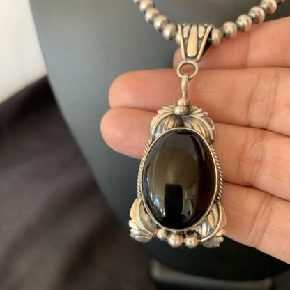 Native American Men's Pendant | Navajo Pearls | Sterling Silver Black Onyx Necklace | 10744