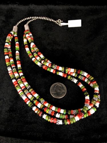Native American Turquoise & Spiny Oyster Necklace | Sterling Silver | Multi-Strand | 8745