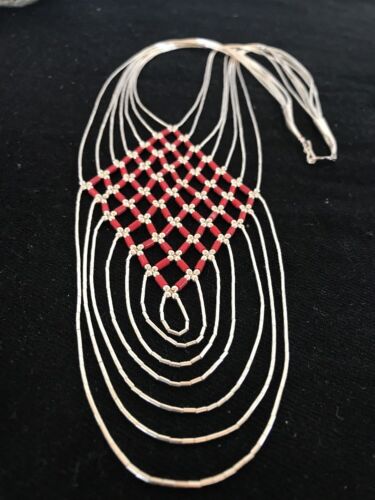 Southwestern Coral Heishi Necklace | 7 Strands Sterling Silver | Navajo | 3699