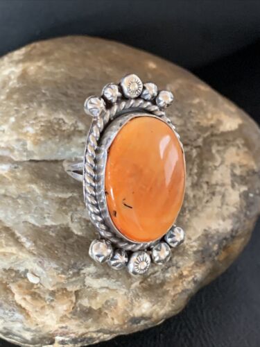 Native American Orange Spiny Oyster Navajo Ring | Sterling Silver | Sz 8 | 13283