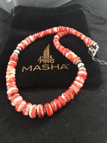 Navajo Red Spiny Oyster Necklace | Sterling Silver | Authentic Native American | Graduated 18" | 12715