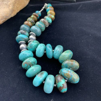 Navajo Pearl Sterling Silver Necklace | Graduated Blue Chunky Turquoise | Authentic Native American | 24" | 01743