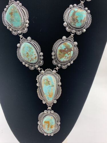 Navajo Sterling Silver Lariat Necklace | Royston Turquoise Squash Pendant | Authentic Native American Handmade | 01545