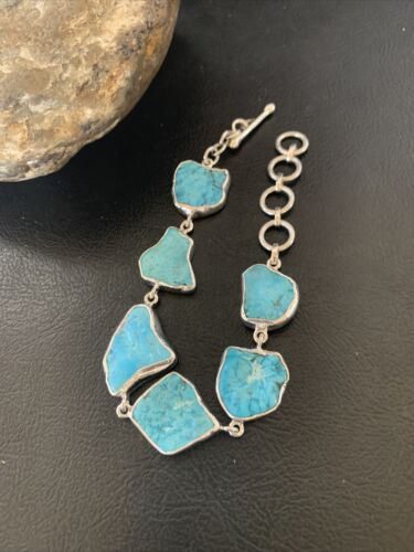 Navajo Blue Kingman Turquoise Rough Link Bracelet | Sterling Silver | 8" | 11651