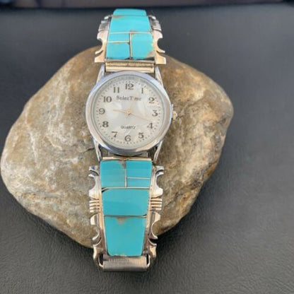 Navajo Men's Watch Tips | Sterling Silver & Turquoise Inlay | Authentic Native American Jewelry | 2094