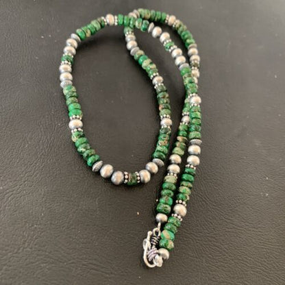 Navajo Green Turquoise Bead Necklace | Sterling Silver | 22" | Authentic Native American Handmade | 02040