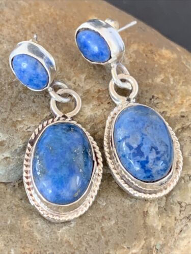 Navajo Denim Lapis Dangle Earrings | Sterling Silver | 1.1" | Authentic Native American Handmade | 1702