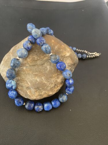 Navajo | Sterling Silver | Handmade Blue Denim Lapis Bead Necklace Pendant | Authentic Native American | 20" | 02206