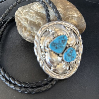 Native American Men's Bolo Tie | Blue Kingman Turquoise | Sterling Silver | Navajo Handmade | 14280