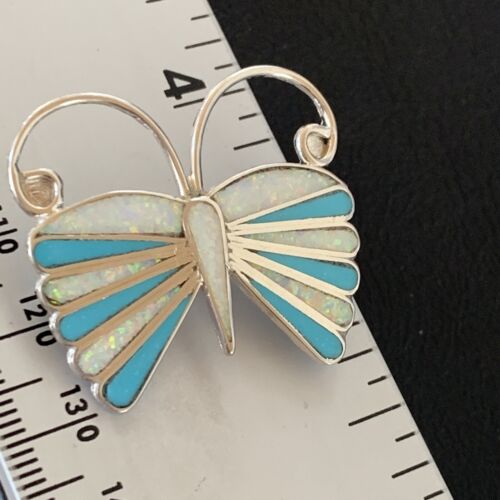 Zuni Blue Turquoise White Opal Butterfly Necklace Pin Pendant | Sterling Silver | 11972