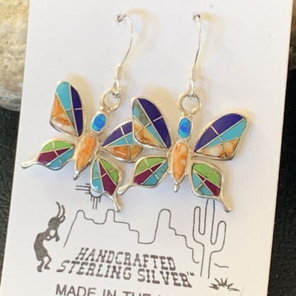 Navajo Butterfly Turquoise Spiny Opal Inlay Earrings | Sterling Silver | 0.5" | 12012