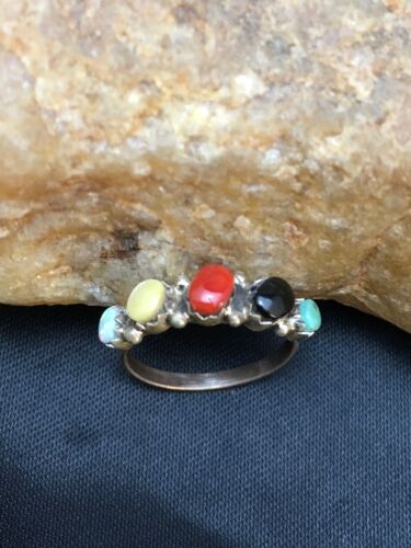 Zuni Blue Opal, Coral & Turquoise Ring | Authentic Native American Sterling Silver | Multi-Stone | Sz 6.5 | 08999