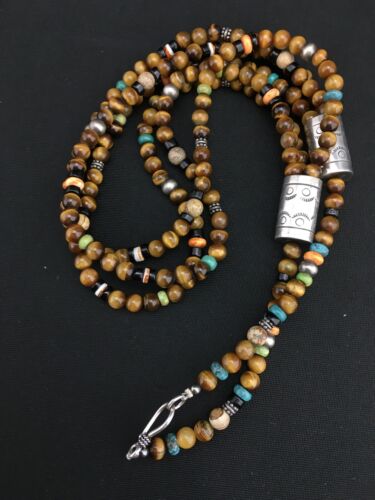 Navajo Sterling Necklace | Tiger's Eye & Turquoise | Multi-Color 3 Strand | 18" | 4892