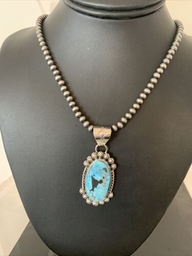 Men's Navajo Pearls Necklace with Blue Kingman Turquoise Pendant | Sterling Silver | Authentic Native American Handmade | 00841