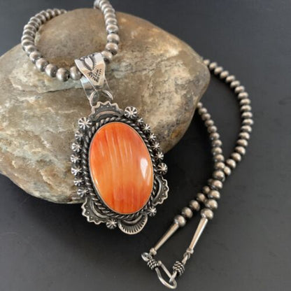 Navajo Pearls Orange Spiny Oyster Necklace Pendant | Sterling Silver | Authentic Native American Handmade | 11301