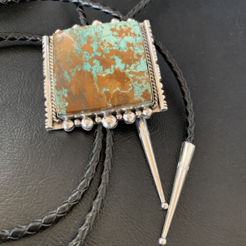 Navajo Green Royston Turquoise Bolo Tie | Sterling Silver | Authentic Native American Handmade | 12883
