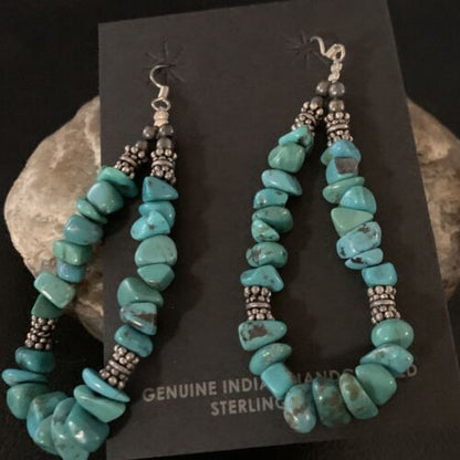 Navajo Turquoise Bead Nugget Earrings | Sterling Silver Pearls | 3" | Authentic Native American Handmade | 12890