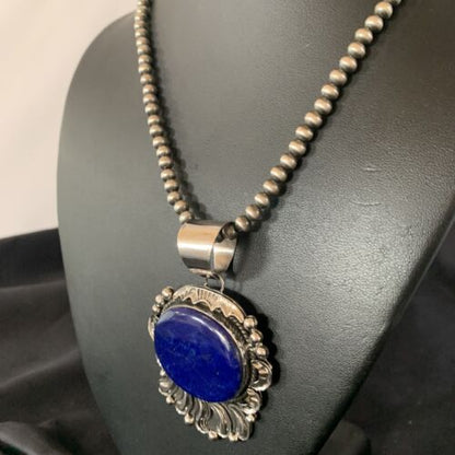 Native American Blue Lapis Pendant Necklace | Navajo Sterling Silver | Authentic Handmade | 14114