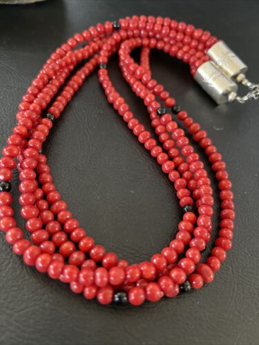 Native American Navajo Red Coral Onyx Necklace | Sterling Silver | 10302