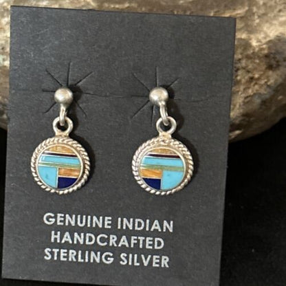 Navajo Multi-Color Turquoise Spiny Lapis Inlay Earrings | Sterling Silver | Authentic Native American Handmade | 14653