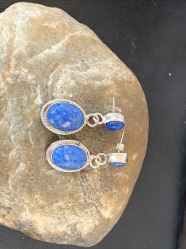 Navajo Denim Lapis Dangle Earrings | Sterling Silver | 1.1" | Authentic Native American Handmade | 1703